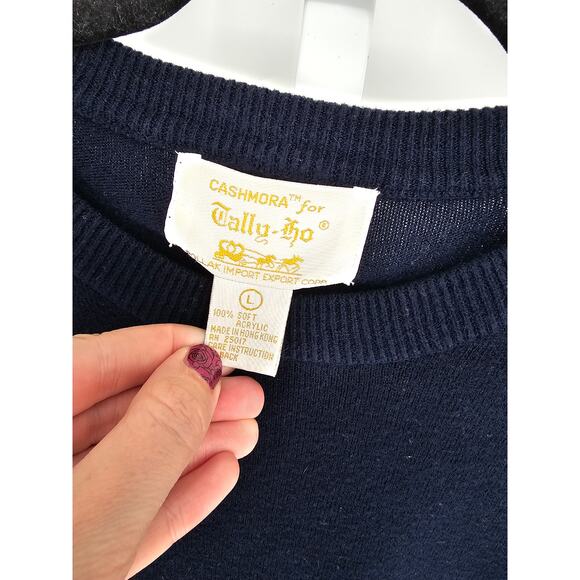 Cashmora for Tally-Ho Women's Navy Acrylic Short Sleeve Crew Neck Sweater Size L - Picture 3 of 4